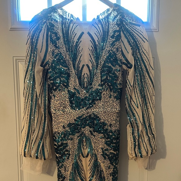 Elegant Sheer Illusion Gown with Teal Sequin Accents - Picture 2 of 11